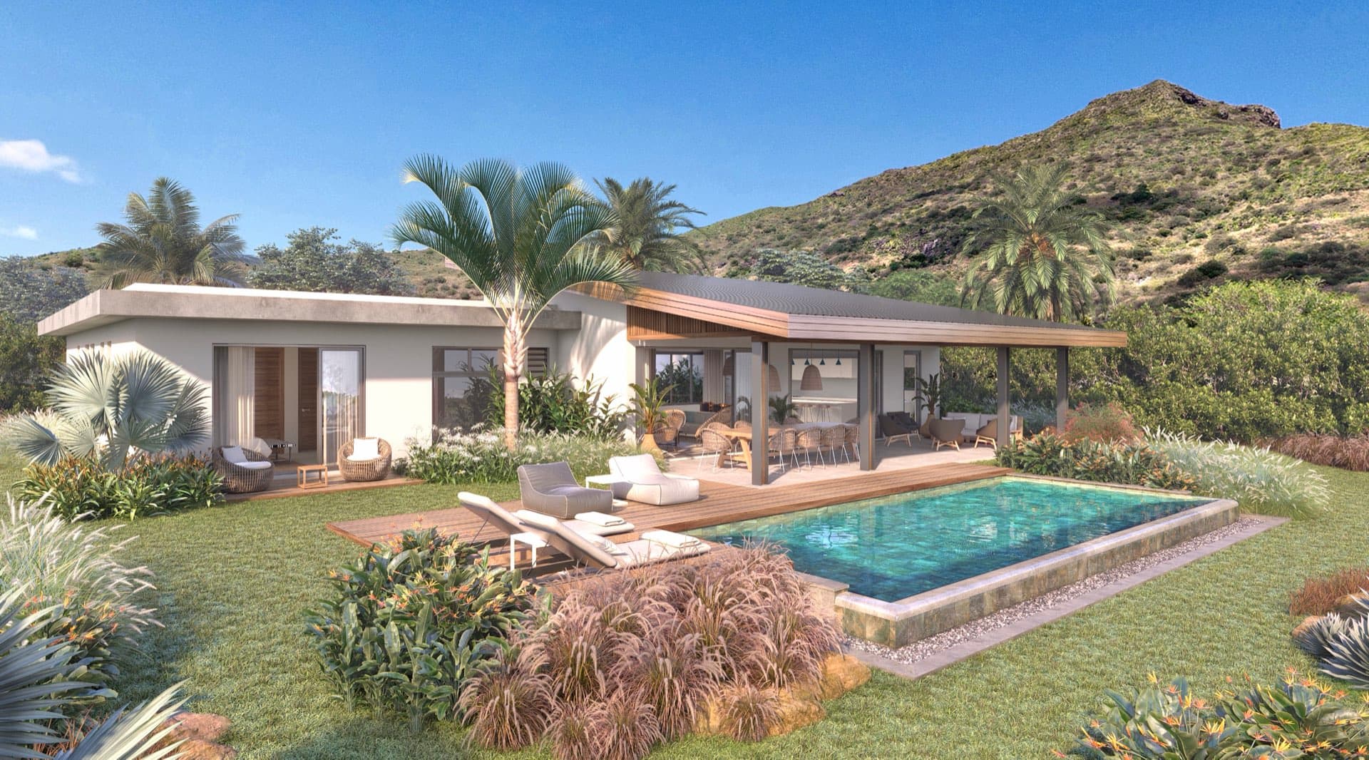 New villa with pool and tropical garden in a residential development in Mauritius