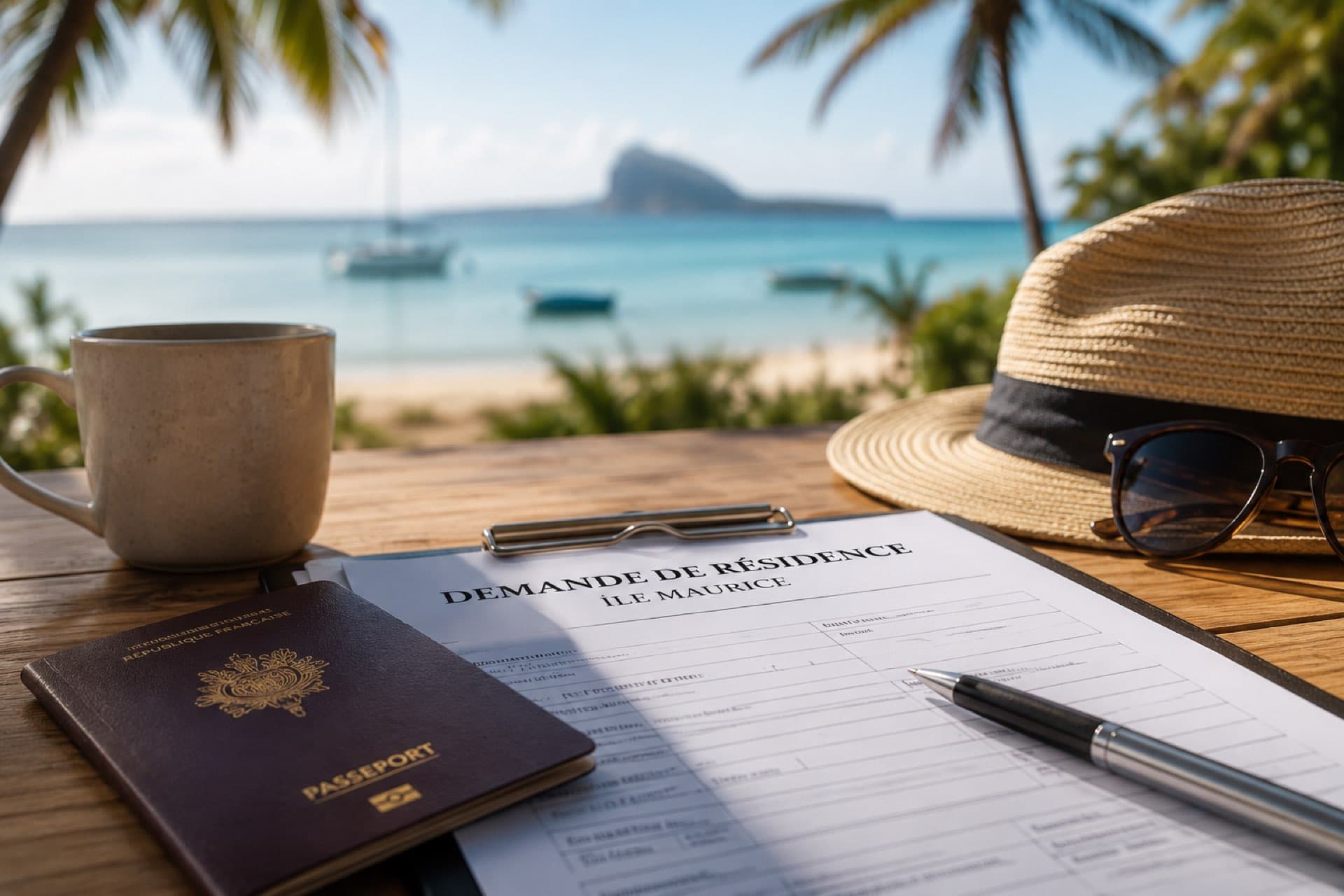 Mauritius residency application: passport and form facing the lagoon and Coin de Mire